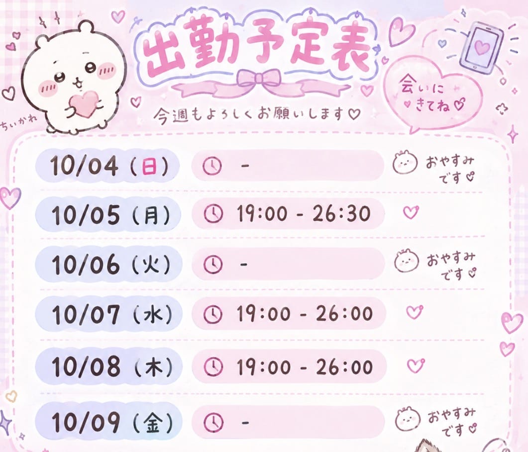 かなん「今週の出勤予定ですっ！- ̗̀」10/04(日) 22:43 | かなんの写メ